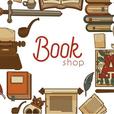 Eski Kütüphane veya kitap dükkanı veya mağaza el yazmaları ve mektuplar vektör kılıç ve pipo ve makine alfabesi ve tüy kafatası tipik taç ve bozuk sayfalar bilgi ve eğitim birimleri.