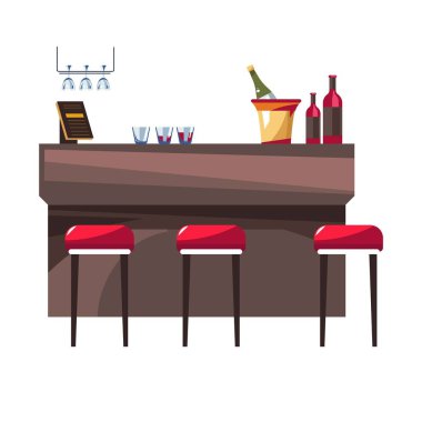 Bar tabureleri otel restoran şampanya ve şarap ile vektör alkol kokteyl gözlük kapalı mobilya menü kartı koltuk ve ahşap sayaç içecekler ve Züccaciye Mağazaları tüm dahil hizmet içecekler.
