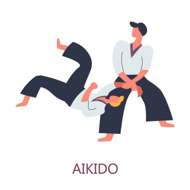 Japon savaşçıları kimono savaş vektör oryantal sanat mücadele pratik dövüş aikido spor ve aktivite dayak veya savunma fikir tartışması veya rekabet usta ve çırak erkek karakterler izole.
