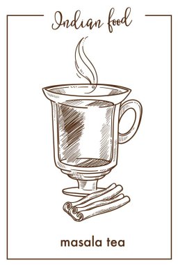 Tarçın cam fincan Hint Gıda masala çay. Baharat ve otlar ile buhar izole karikatür tek renkli vektör çizim beyaz zemin üzerine yukarıda karışımı dayalı sıcak oryantal içecek.
