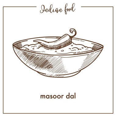Hint Gıda derin kase chili biber ile masoor dal. Et küpleri ile kırmızı mercimek çorbası besleyici krem. Sıcak sıvı bulaşık izole karikatür düz vektör çizim beyaz arka plan üzerinde.