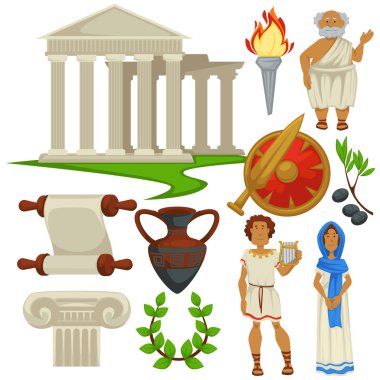 Tarih ve kültür seyahat antik Roma Yunanistan semboller ayağı vektör ve eski filozof Gladyatörler kalkanı ve kılıcı zeytin ve ARP ve kadın külçe ve defne çelengi adamla Amfora meşale.