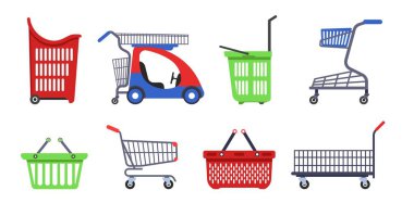 Vektör çocuk mini araba ağır yük ve küçük alımlar hamallar gezici veya izole kolları nesnelerle toplama ürünler için dükkanı kapsayıcı süpermarket arabaları ve alışveriş arabaları sepetleri.