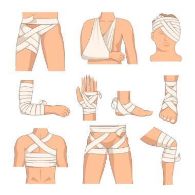 Sargılanan vücut parçaları insan vücudunu sargılar vektör kemik kırığı ve yanık esneme ve çürük bacak ve kol baş ve kol bilek ve topuk ayak ve sırt kalça ve diz ilacı ve sağlık tedavisi.
