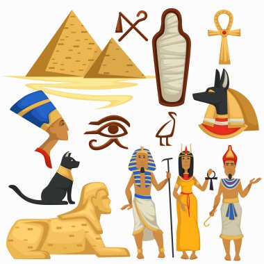 Mısır sembolleri piramitler ve sfenks Mısır seyahat kültür vektör Firavun Kleopatra alfabe sembolleri ve mumya Anubis'in Tanrı ve kara kedi Kıpti çapraz ve Horus göz telif erkek ve kadın mezar.
