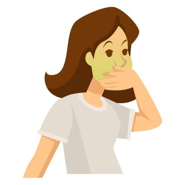 Gıda zehirlenmesi ya da vektör izole kadın karakter soluk veya yeşil yüz hasta veya hamile kız kusmuk sabah bulantısı mide bozukluğu veya fonksiyon bozukluğu tıp ve sağlık hasta hamilelik kadın.