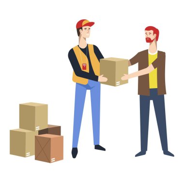 İnsani yardım mültecilere yardım yazı teslim vektör yiyecek ve giyeceklerden karton kutular parsel ve kurye ya da postacı posta ya da posta göçmenler tahlisiye açlık ve yoksulluğu önleme yardımı.