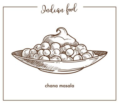 Chana masala geleneksel Hint Gıda büyük plaka üzerinde. Nohut kalın sıcak sos ile temel egzotik yemek. Beyaz arka plan üzerinde atıştırma veya sokak gıda izole karikatür tek renkli vektör çizim.