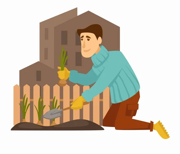 Homem Coleta Cebolas Colheita Com Jardinagem Cerca Vetor Cidade Solo —  Vetores de Stock