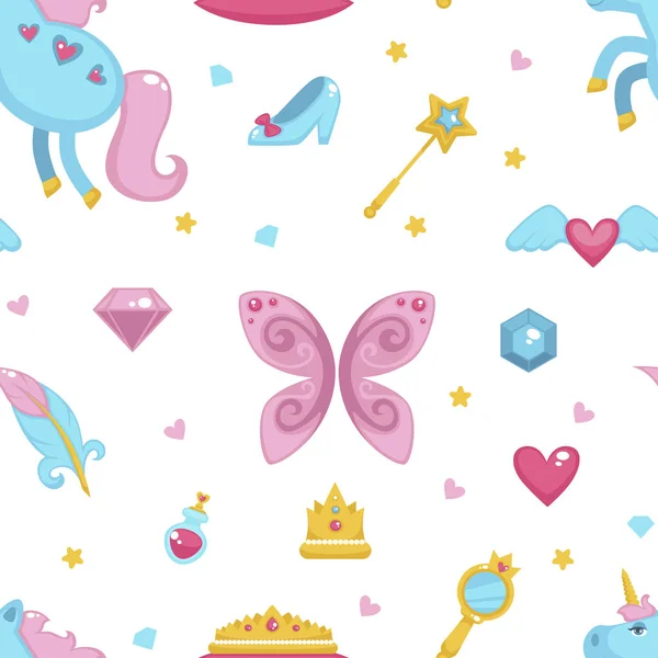Princesse Avec Des Éléments Fée Licorne Baguette Magique Motif Sans — Image vectorielle