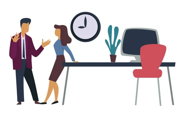 职业关系办公室工作者人和妇女讨论向量工作场所桌和计算机椅子和室内植物挂钟上司和经理商业企业家谈话谈话 — 图库矢量图片