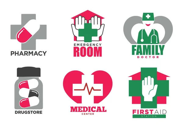 Medicine Aid Health Service Promotional Emblems Set Pharmacy Injury Care — Stock Vector