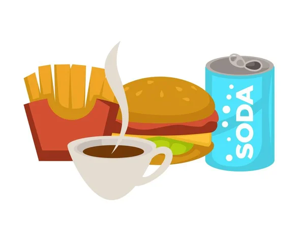 Hamburger Soda French Fries Coffee Vector Fast Food Meals Drinks — Stock Vector