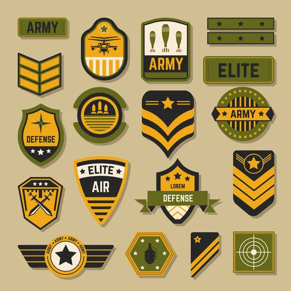 stock vector Elite military service army signs and badges or stripes vector air and navy country defense stars helicopter and bombs swords and rockets aim or target soldier accessories state servants emblems.