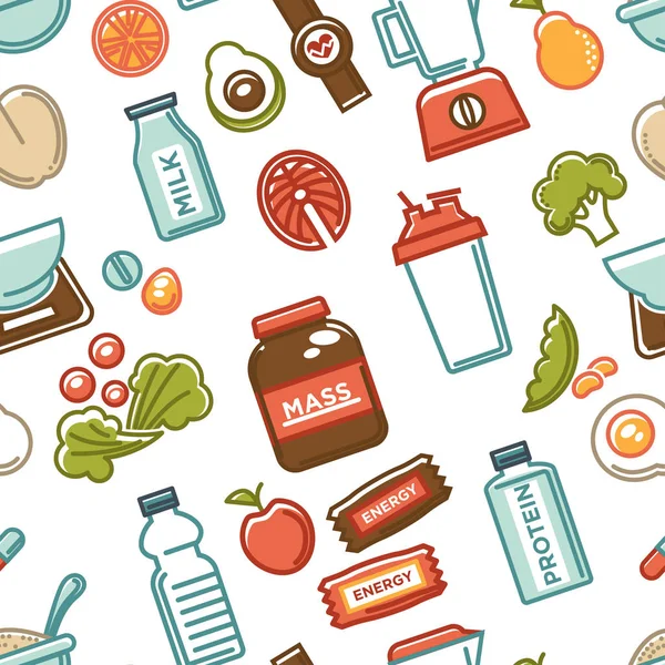 Estilo Vida Saludable Fitness Alimentos Nutrición Bebidas Patrón Sin Fisuras — Archivo Imágenes Vectoriales