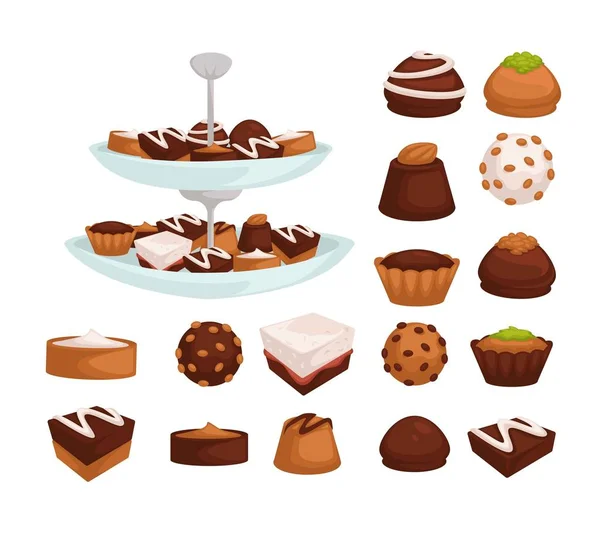 面包店产品蛋糕和饼干或糖果与巧克力或奶油矢量糖果食品和甜点盘或餐盘糖果在釉面餐具或托盘烹饪和烹饪糕点与洒水 — 图库矢量图片