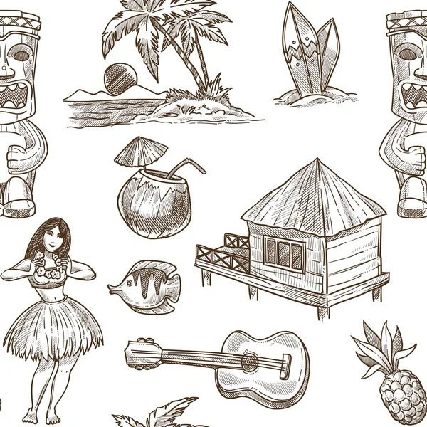 하와이 스케치 원활한 이국적인 디자인 하와이 호놀룰루의 알로하 코코넛과 마스크와 — 스톡 벡터