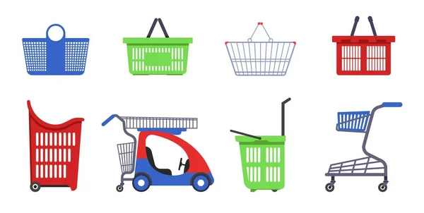 Carritos Supermercado Cestas Carrito Compras Vector Objetos Aislados Tienda Contenedor — Archivo Imágenes Vectoriales