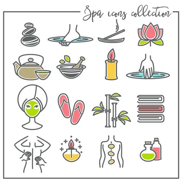 Beauty and skincare spa icons recreation and massage vector stones and foot in water aroma stick and lotus teapot and natural cosmetics candlestick and hand mask and flip flop bamboo and towel oils.