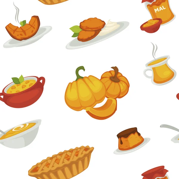 Delicious pumpkin dishes for main course and dessert seamless pattern. Sweet jam, tasty pie, small cake, nutritious soup, fresh cutlets and boiled vegetable isolated cartoon vector illustration on white background. — Stock Illustration Delicious Pumpkin Dishes Main Course Dessert Seamless Pattern Sweet Jam Stock Vector