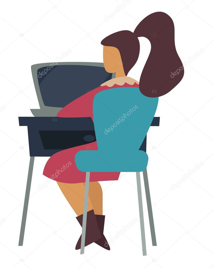 Office worker and laptop woman at computer isolated female character vector girl in dress workplace desk and chair report typing daily business routine working tasks job secretary or clerk occupation.