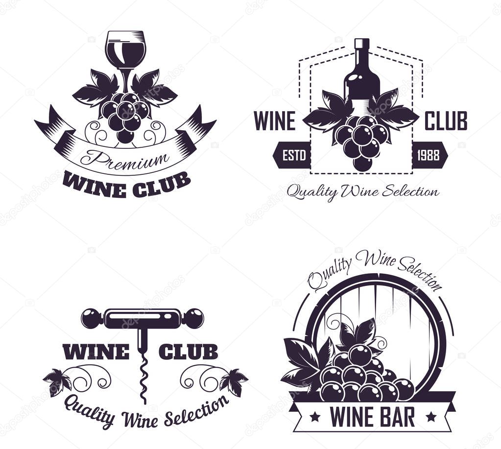 Wine club house logo templates or winemaking bar shop label set. Vector isolated wine bottle and wooden barrel, glass and corkscrew opener, grape vine vintage with premium ribbon and stars