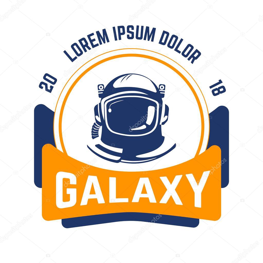 Space and aeronautics industry galaxy isolated emblem astronaut helmet vector cosmos exploration expedition planets discovery spaceman professional protective gear or ammunition agency or organization