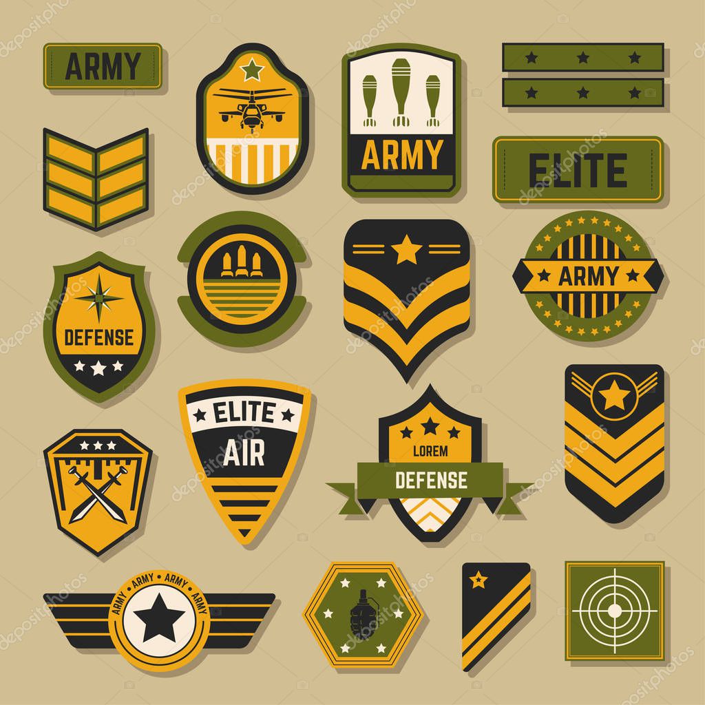 Elite military service army signs and badges or stripes vector air and navy country defense stars helicopter and bombs swords and rockets aim or target soldier accessories state servants emblems.
