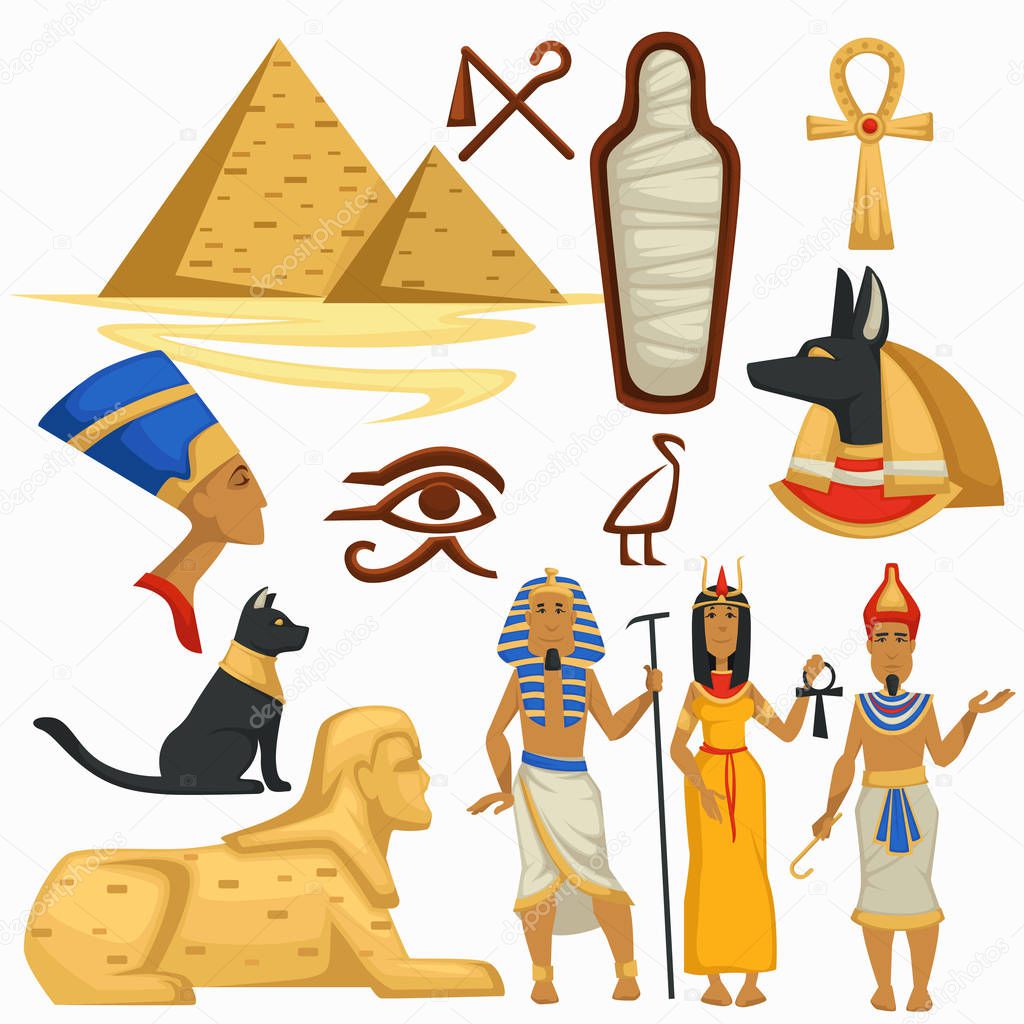 Traveling Egypt symbols Pyramids and Sphinx Egyptian culture vector pharaoh and Cleopatra alphabet symbols and mummy Anubis god and black cat coptic cross and Horus eye royalty man and woman tomb.