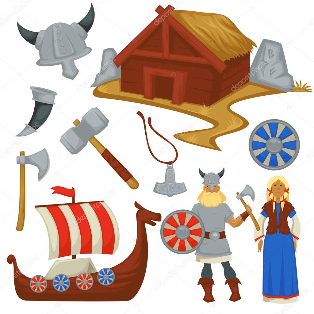 Vector conjunto de accesorios vikingos. ilustración de vector de objetos  vikingos. hachas, espadas, barco. ilustración vectorial