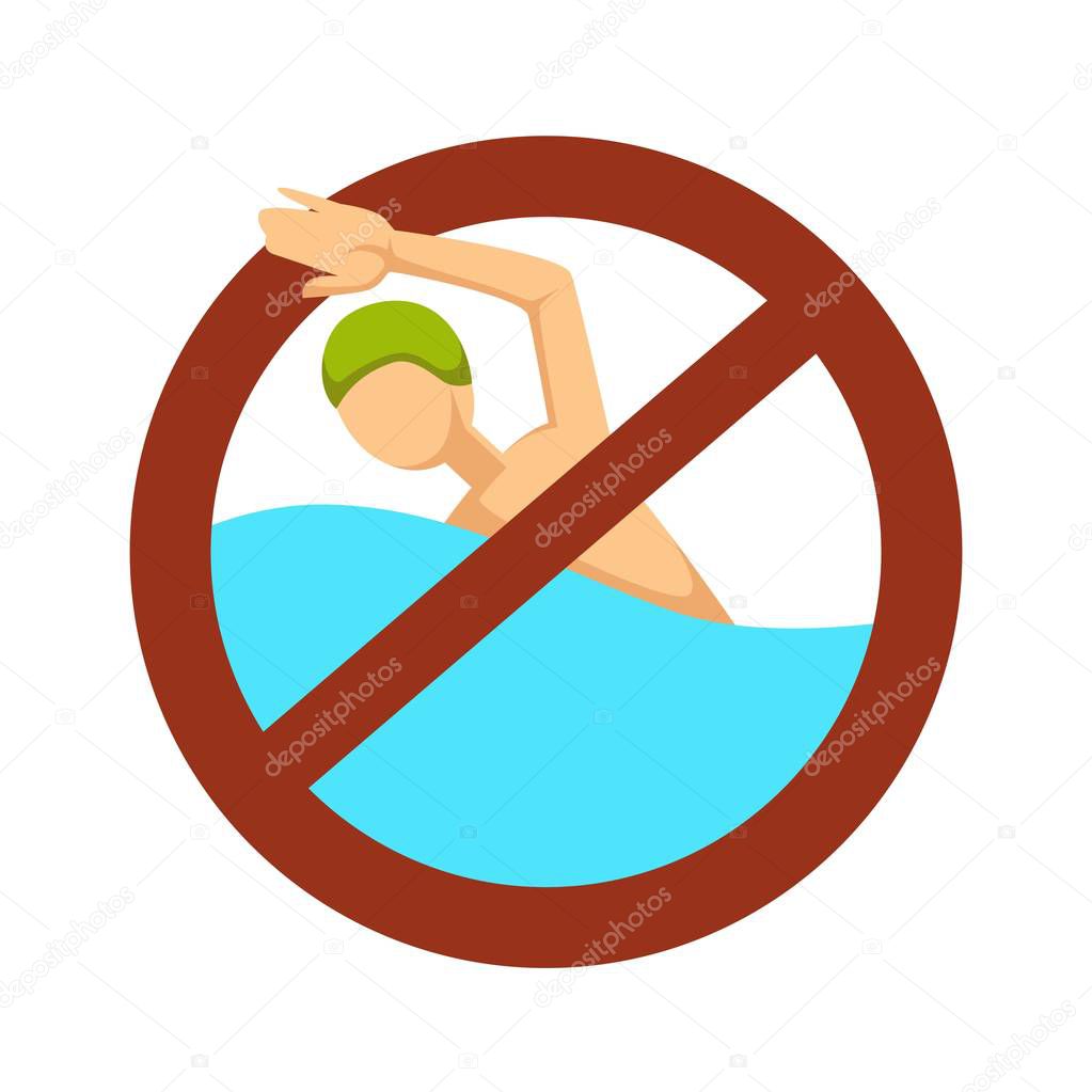 Restriction or caution no swimming sign swimmer in water isolated vector icon drowning risk stop symbol pool depth rubber hat sport or water activity danger precaution forbiddance life threat.