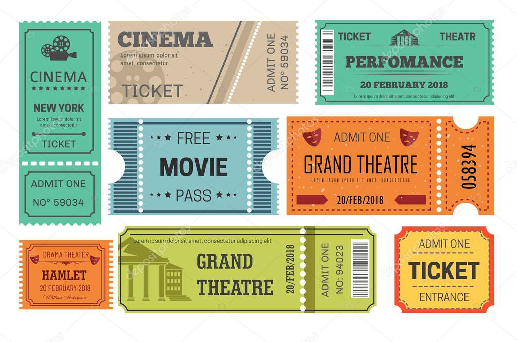 Cinema and theatre ticket admission or paper pass vector play or movie performance and show entertainment film reel video camera acting masks pillars Hamlet drama free entrance motion picture.