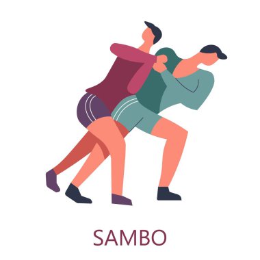 Savaş sanatı fikir tartışması mücadele Sambo savaşçıları mücadele şort spor eğitim egzersiz ve eğitim gücü izole erkek karakterler vektör ve fiziksel aktivite spor sporcu erkeklerde mücadele.