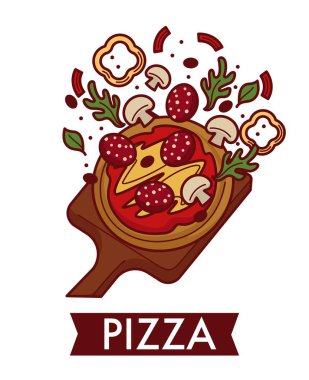Salam, mantar, paprika, roka, fesleğen, zeytin, domates sosu, ketçap ya da yemek tarifi üzerine İtalyan mutfağı pizzası..