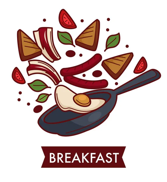 Huevos Fritos Con Tocino Embutidos Desayuno Frypan Vector Alimentos Tostadas — Vector de stock