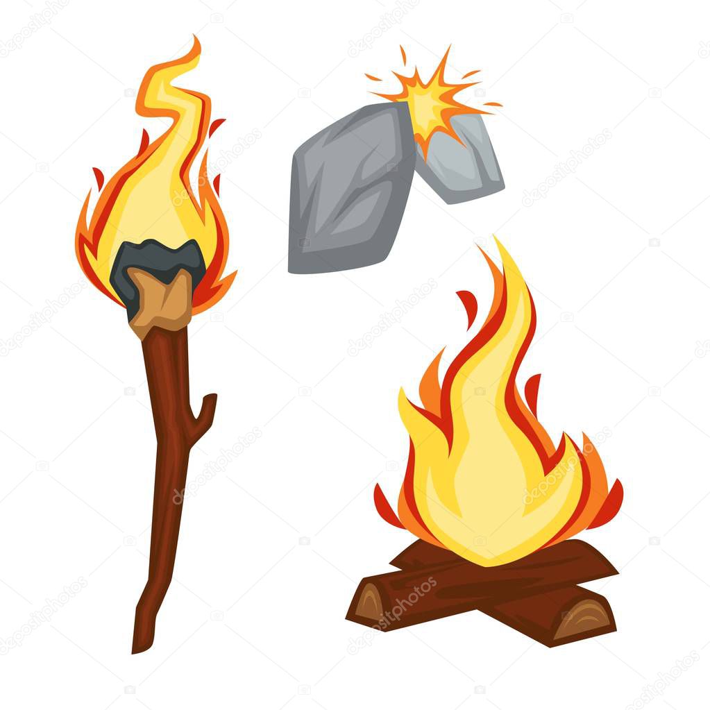Torch and campfire fire stone age sparkle flame vector primitive people invention bonfire and ancient lantern wood stick and rocks friction force firewood history and evolution isolated objects.