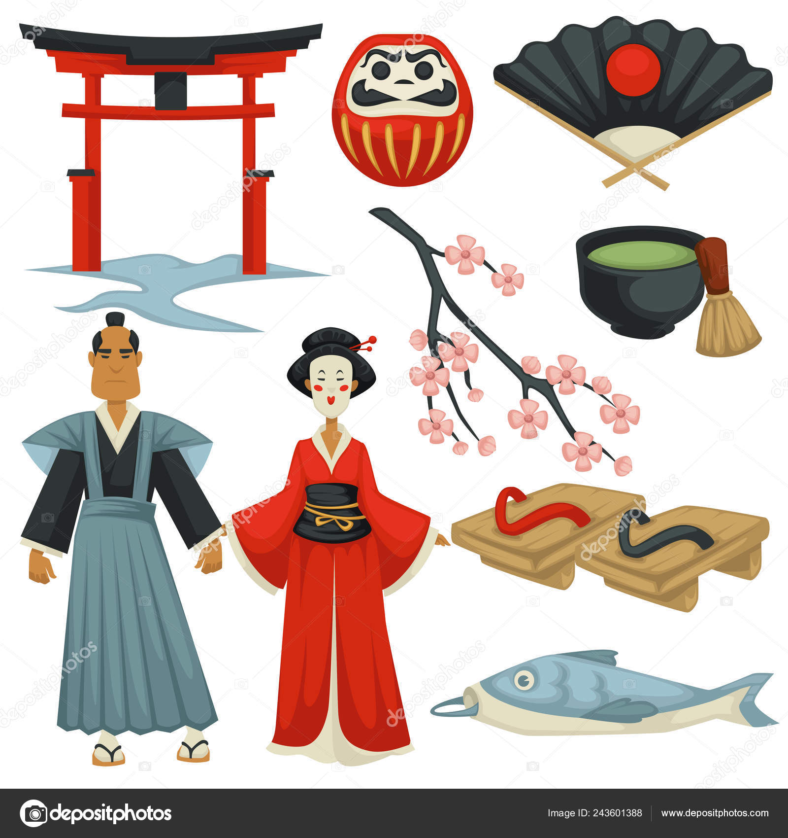 Traveling Japan Culture Symbols Cuisine Clothing Architecture Japanese Man  Woman Stock Vector by ©Sonulkaster 243601388