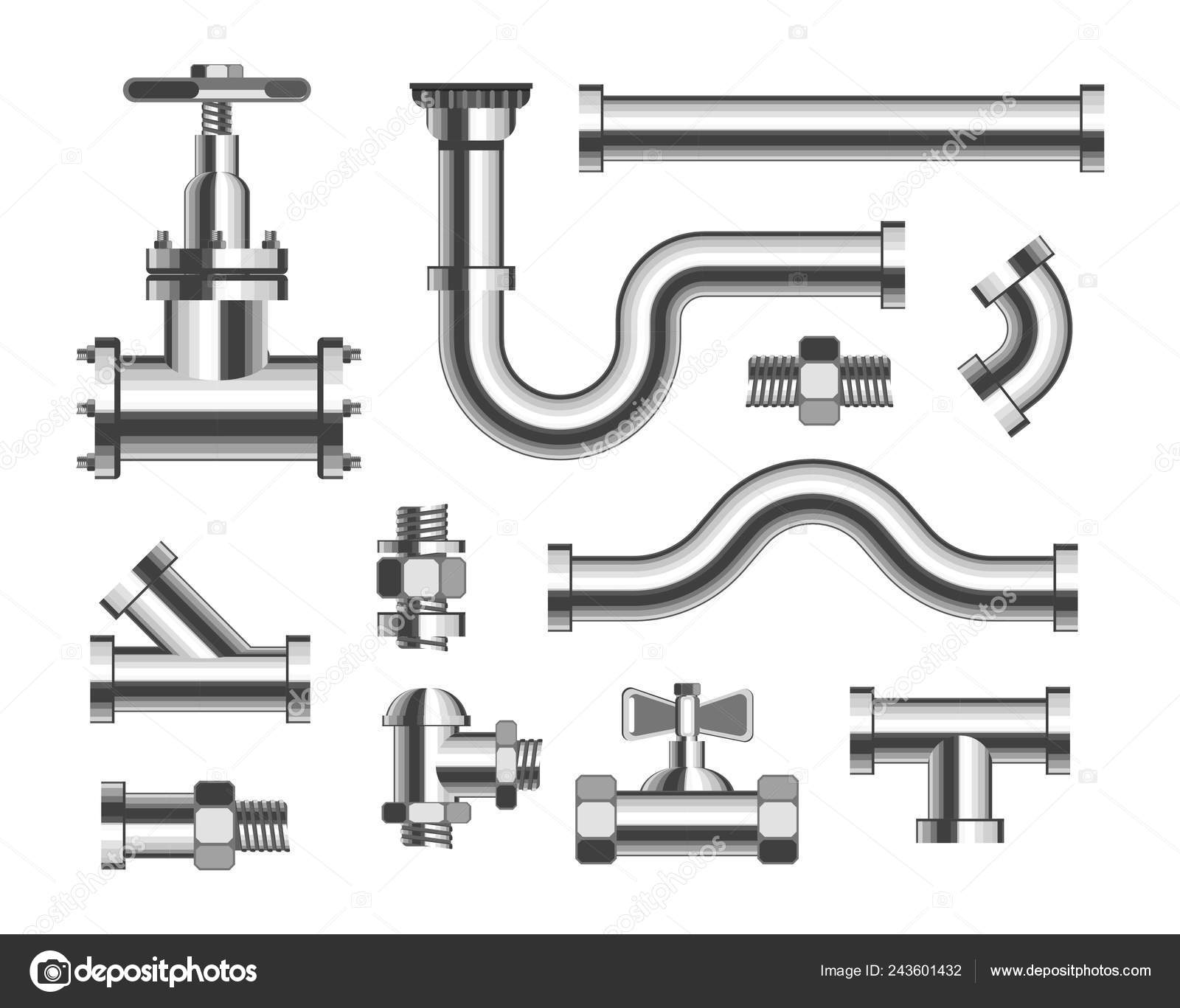 Sanitärmaterial Rohre Und Rohrleitungen Und Kanalisation Isolierte Metall  Rohrleitungselemente Kanal Stock-Vektorgrafik von ©Sonulkaster 243601432