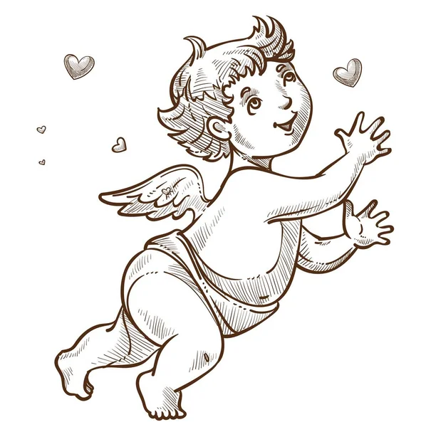 情人节天使或丘比特与翅膀和卷曲的头发向量孤立的男婴性格与腹部或丰满的肚子寒假象征传说中或神话中的生物小媒人的心 — 图库矢量图片