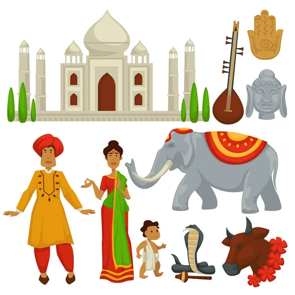 Ταξίδια Στην Ινδία Πολιτισμού Σύμβολα Αρχιτεκτονική Και Ζώα Διάνυσμα Άνδρας — Διανυσματικό Αρχείο
