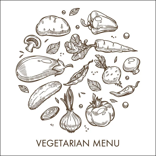 Vegetarisches Menü Gemüseernte Biolebensmittel Skizze Vektorkartoffeln Und Paprika Karotten Und — Stockvektor