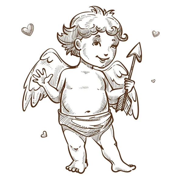 丘比特天使与翅膀和箭头情人节孤立的素描人物男孩在尿布的爱和感情象征心脏神话飞行的生物与武器节日精神媒人天堂宝贝 — 图库矢量图片