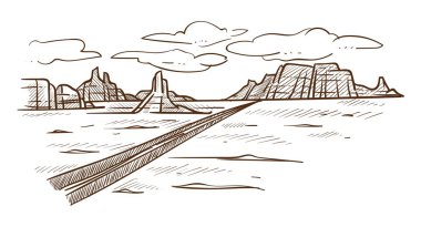 Çöl yol ya da otoyol ve tepeler Texas sketch vektör Meksika çayır çevre dağlar yatay ve kuru zemin ısı bulutlar gökyüzü boş Valley rota doğa çizim sahne veya görünüm yolculuk ile kum.