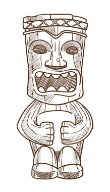 Hawaiian totem Ahşap Heykel açık ağız izole vektör ile kroki kabile sembolü insan ahşap anıt tiki maskesi heykel seyahat Hawaii tropik ada tatil ve tatil yüz ifadesi.