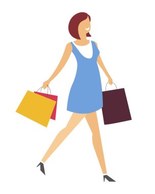 Elbise ve stiletto Ayakkabı vektörde yürüyen alışveriş torbaları kadın giysi ve mal alıcı veya müşteri yaz Satılık kız ile bohça ile kadın karakter Alışverişkoliğin satın satın alma taşıma paketleri izole.