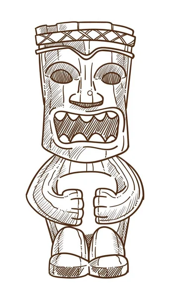 Patung Kayu Totem Hawaii Dengan Mulut Terbuka Vector Sketsa Terisolasi - Stok Vektor