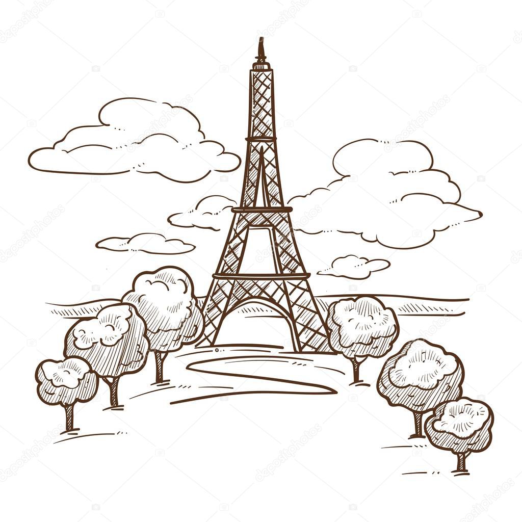 Paris Eiffel tower landmark sketch travel to France vector construction French symbol attraction famous architecture monument journey or trip drawn landscape trees and sky with clouds romantic place.