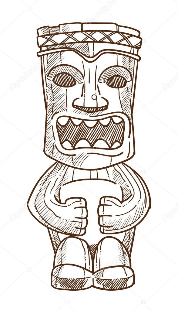 Hawaiian totem wooden statue with open mouth isolated vector sketch tribal symbol human wooden monument tiki mask sculpture travel to Hawaii tropical island holiday and vacation face expression.