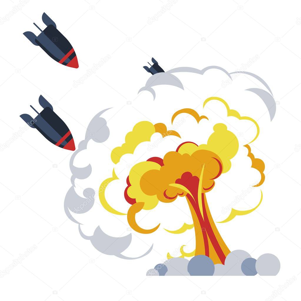 Explosion war bomb flame mushroom rockets or missiles vector air attack damage combat military forces destruction fire bombardment danger nuclear weapon technology conflict battle and defense.