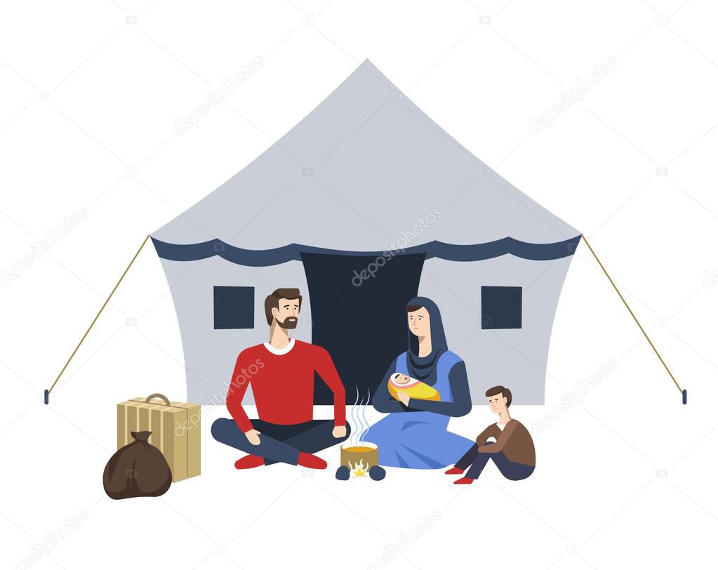 Arab family and tent refugees camp soup on campfire vector immigration resettlement shelter mother with baby father and son baggage suitcase and sack bonfire and food temporary dwelling homeless.